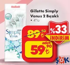 GİLLETTE SİMPLY VENUS 2 BIÇAKLI KADIN TIRAŞ BIÇAĞI 4'LÜ